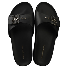 Tommy Hilfiger HARDWARE LEATHER FLAT SANDAL Women Slide Sandals in Black